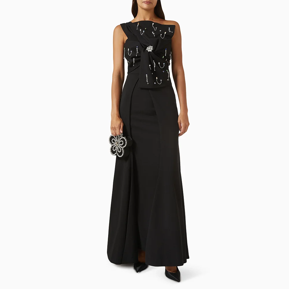 Sukienki wieczorowe na jedno ramię, czarne, bez rękawów, na specjalne okazje, suknie balowe, zdobione koralikami i kryształami, długość do kostek.