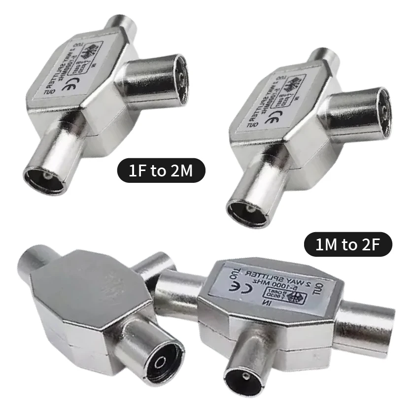 

Coaxial Coupling Jack Male To Two Female TV Aerial Connector 3 Way Adapters