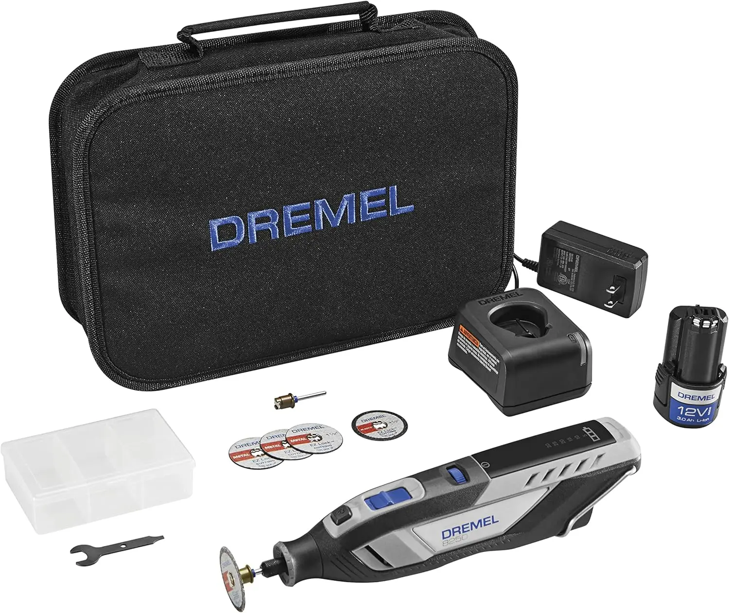 Dremel 8250-5 12 V Lithium-Ionen-Akku-Drehwerkzeug mit variabler Geschwindigkeit und bürstenlosem Motor – 5 Drehwerkzeug-Zubehörteile, 3 Ah Akku