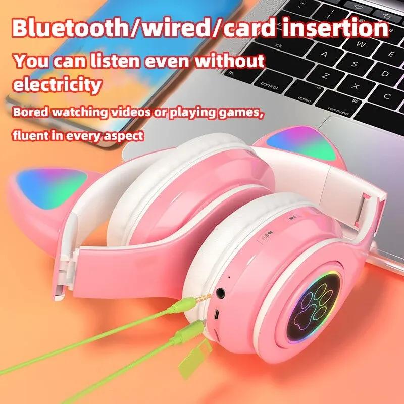 P91H,Cute Cat Ears BT Wireless Headphone Com Mic E Flash Light, Capacete De Música Estéreo LED, Fone De Ouvido Dobrável, Pres