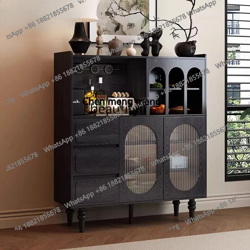 

French Solid Wood Black, Side Cabinet Modern Wall Locker American Living Room Home Coffee Machine Locker H