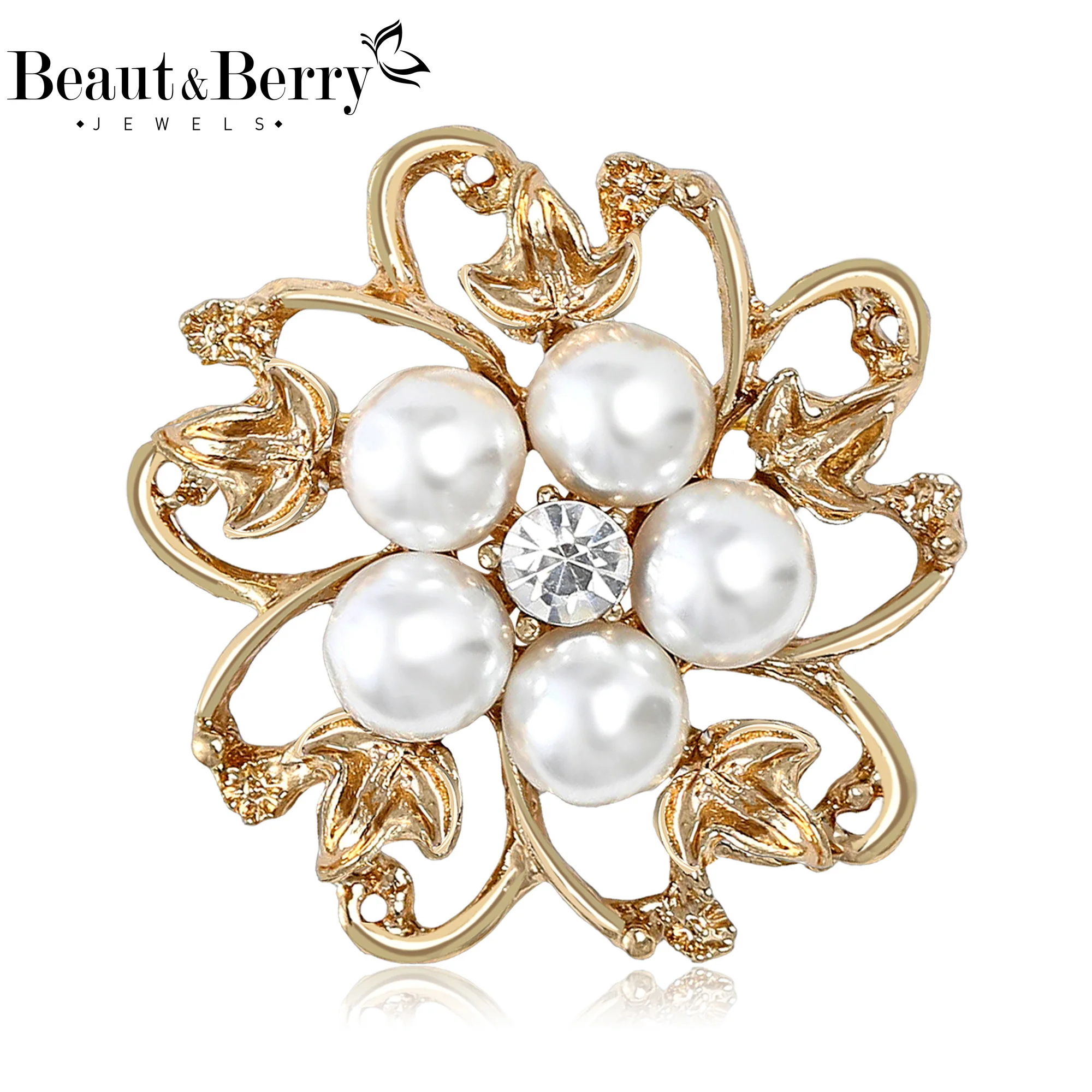 Beaut&Berry Trendy Rhinestones Flower Brooches for Women Unisex Pearl Pins Casual Party Jewelry Accessories Gifts Decoration