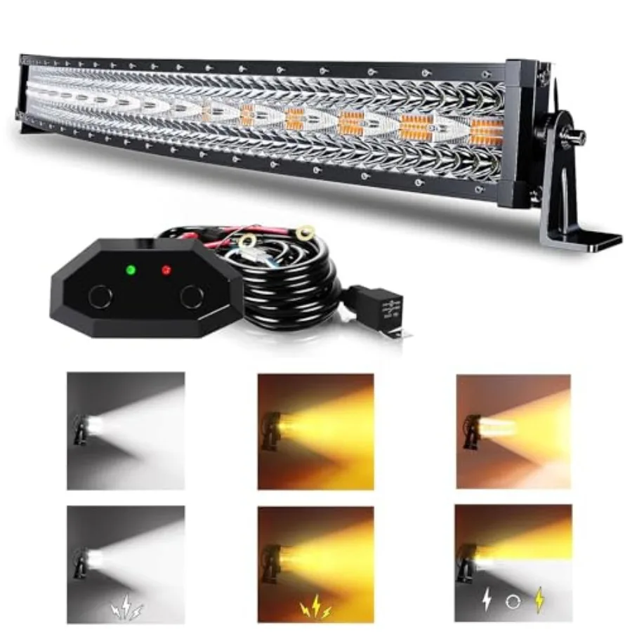 

32 Inch 180W Curved LED Light Bar White/Amber Flasing Strobe with Six Modes Spot Flood Combo Offroad Driving Light, 1pcs Wiring