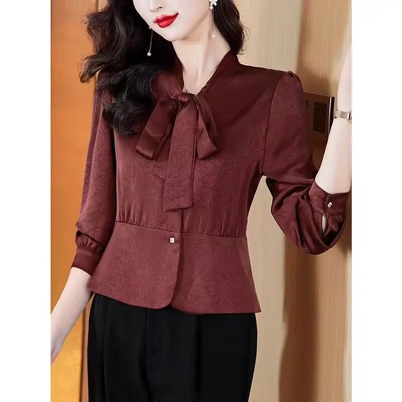 한국식 심플리시티 리본 레이싱 슬림 긴팔 블라우스 올매치 우아한 셔츠 탑 봄 가을 신상 패션 오피스 여성 의류