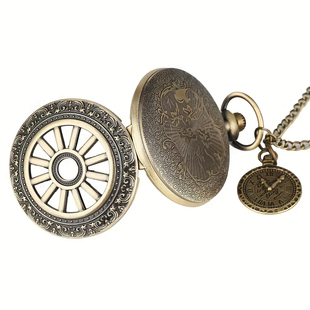 Zegarek kieszonkowy Qing Gu z wydrążoną klapką Rzymski cyfrowy kwarcowy zegarek kieszonkowy wisiorek dekoracja modny trend dla mężczyzn i kobiet