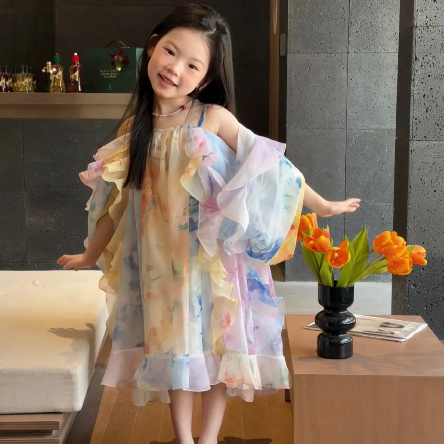 

Girls Skirt 2025 Summer New Childrens Clothing Korean Style Girl Baby Sweet Color Fairy Halter Skirt Casual Simple Daily