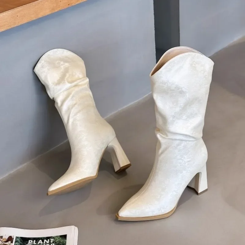 Botas de alta calidad sin cordones para mujer, zapatos modernos con estampado de moda, Sexy, Punta puntiaguda hasta la rodilla, 2024