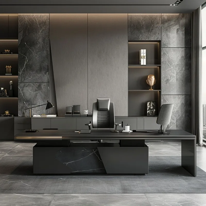 Modern Black Executive Office Desk with Stone Look Panel Large Manager Desk Contemporary CEO Workstation