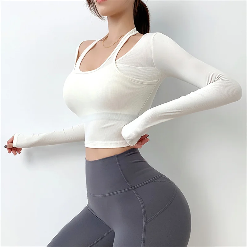 Sexy Hanging Neck Long Sleeve Gym Sport Shirt Yoga Crop Top Workout Tops Fitness T-shirt