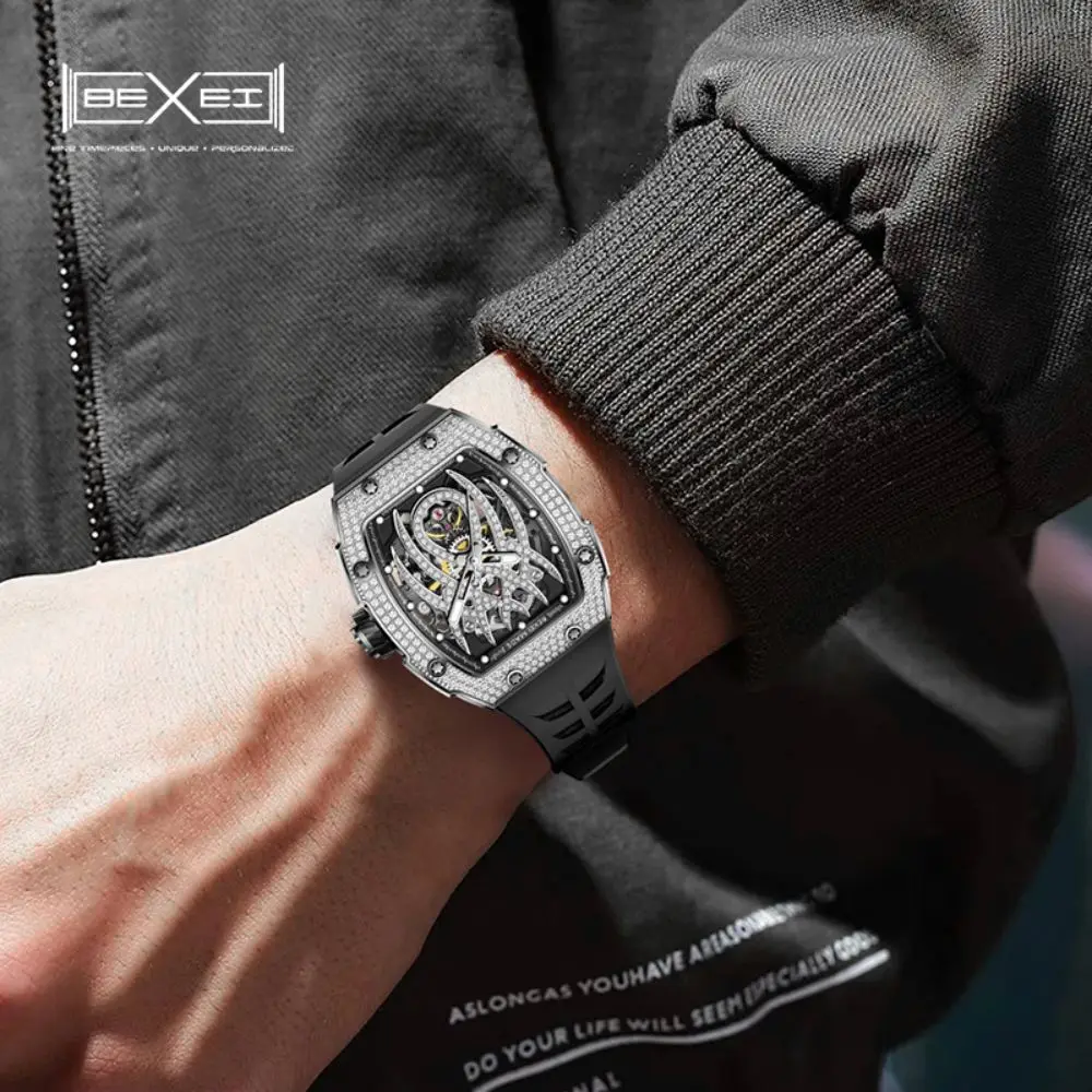 BEXEI-relojes mecánicos automáticos para hombre, accesorio de lujo con incrustaciones de circonita, zafiro en forma de barril, luminoso, resistente al agua, 80 horas de potencia, 9163