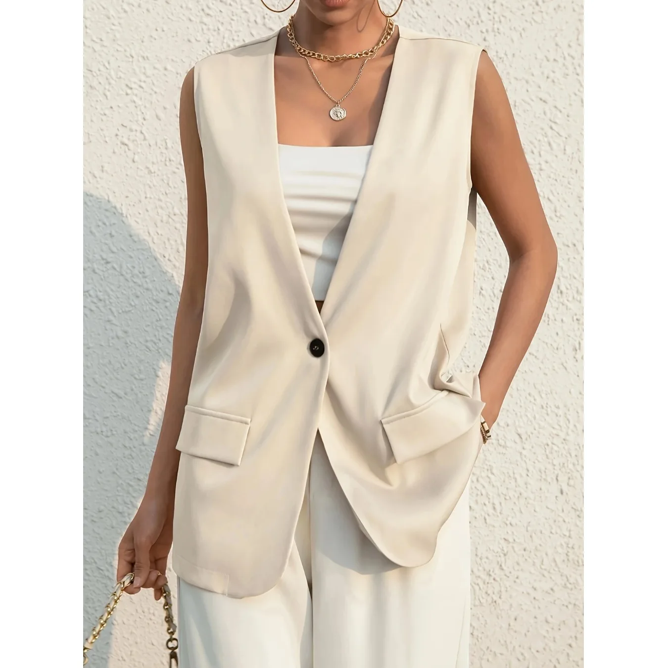 

Spring Summer Women's Svel Vest One Button Closure Poly Fiber Waed Cotton Filled Regular Length Single Plaet ...
