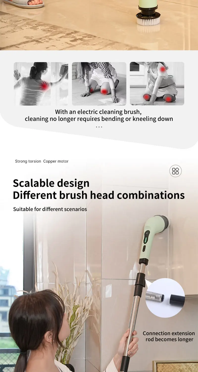 Simplify everyday cleaning with a rechargeable electric spin scrubber featuring an extension handle, interchangeable brush heads, USB-C charging, and a battery display.