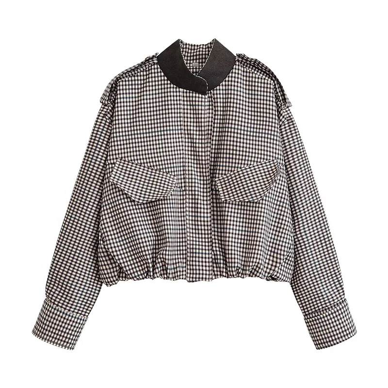 

YENKYE 2026 New Women's Contrast Collar Plaid Cropped Jacket Long Sleeve Loose Casual Bomber Coat Streetwear