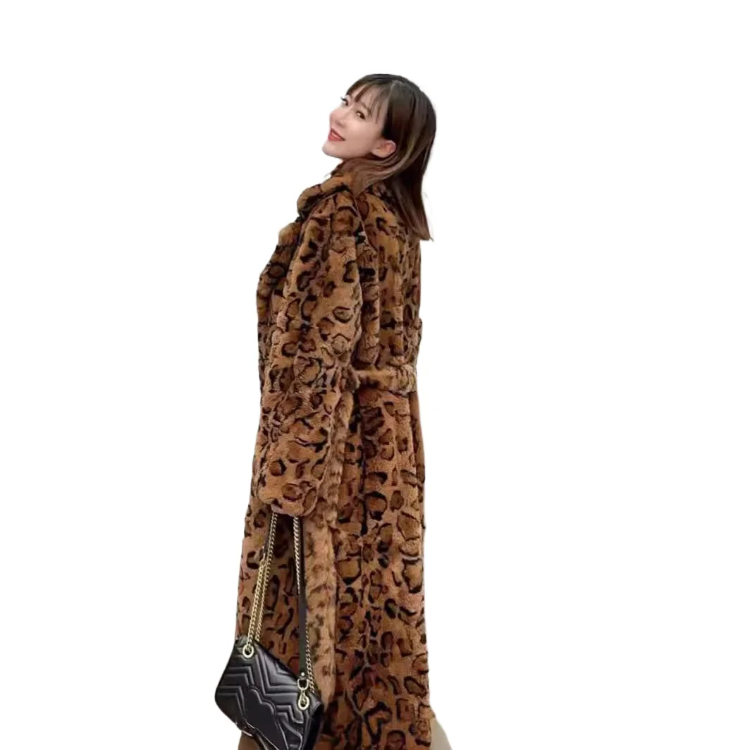 Long Leopard Faux Fur Coat Women Winter 2024 New Fluffy Jacket Belt Lapel Plush Fur Coat Long Sleeves Furry Overcoat Streetwear