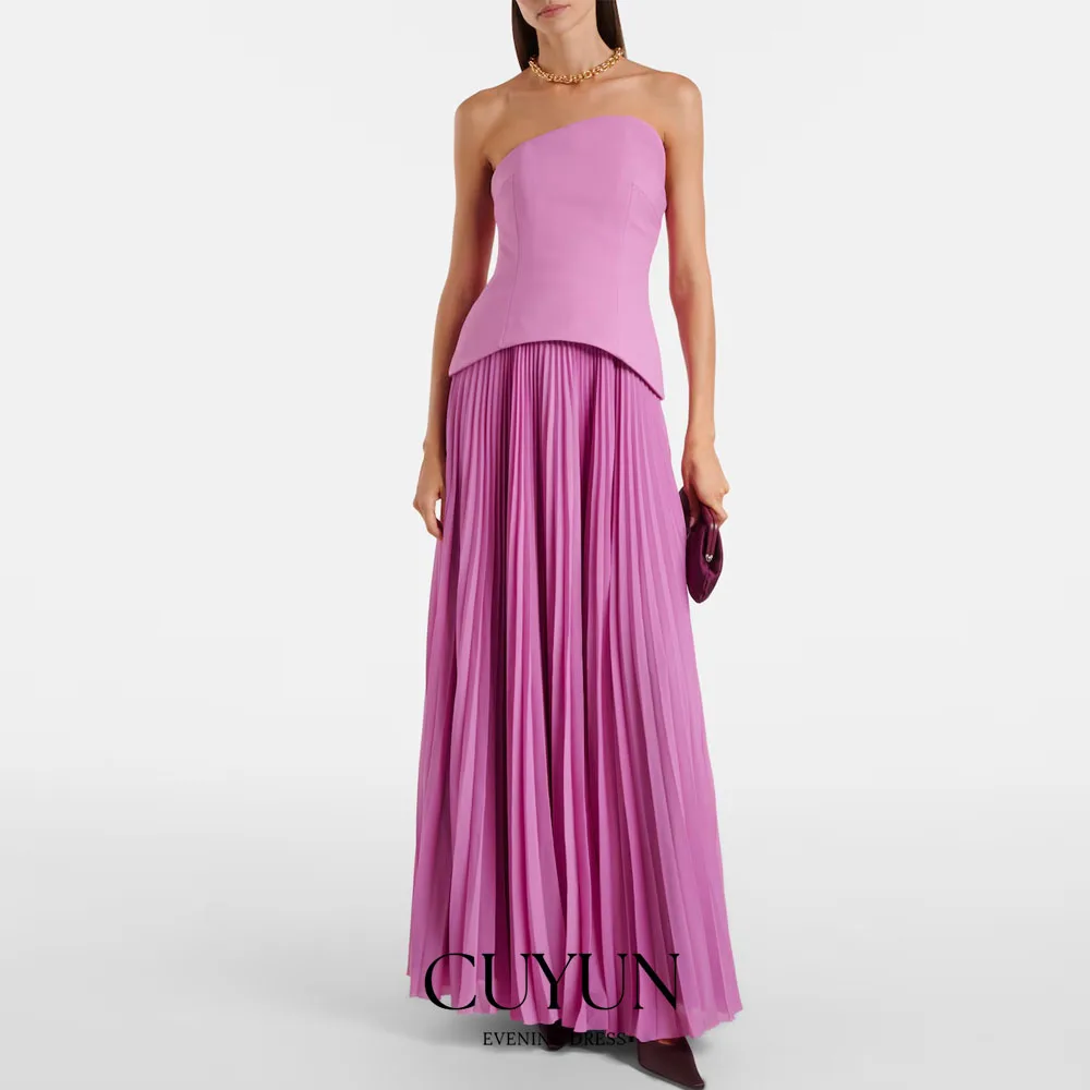 CUYUN Strapless Pleated Long Prom Dresses Women A Line Elegant Evening Gown Customized Birthday Party Dresses Formal Event