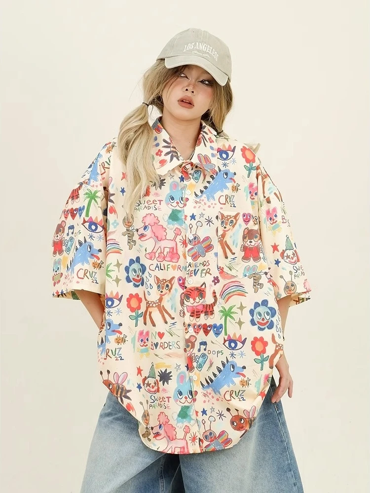 Loose Casual Graffiti Streetwear Shirt Women Summer New Style Small Design Trendy Loose Shirt American Street Fun Painting
