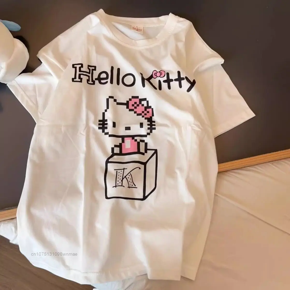 Sanrio Hello Kitty Pajamas for Women, Cute Cartoon Student, Round Neck, Short Sleeve, Long Pants, Home Set, Summer, Pixelated, 2