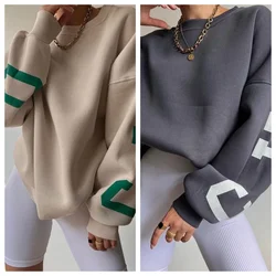 Women Loose Pullover Oversized Sweatshirts Letter Print Crewneck Casual Thickened Long Sleeve Tops