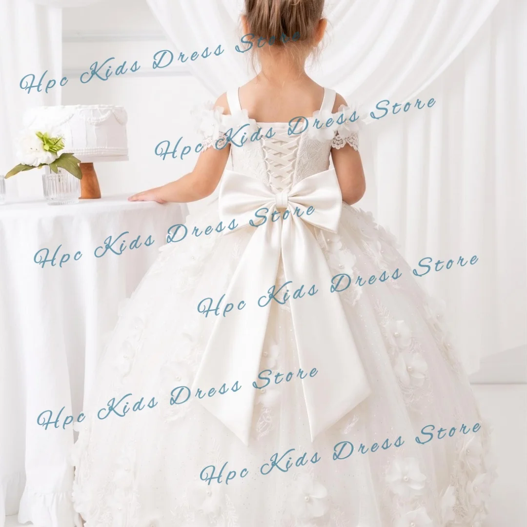 Custom White Lace & Tulle Flower Girl Dress, Off-Shoulder with 3D Wedding Floral Appliques for  Birthday Party Kids Formal Wear