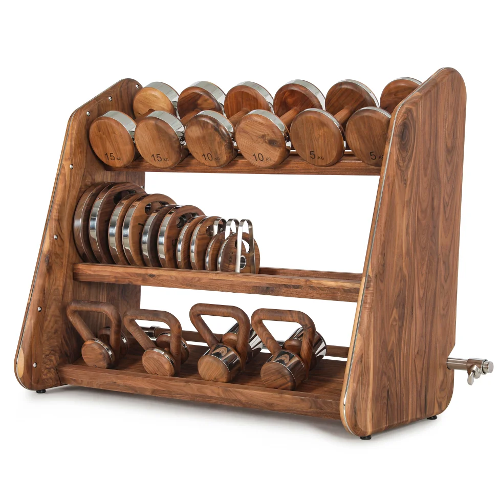 High-end luxury free-weight stainless steel combination dumbbell/barbell/kettlebell for a powerful wooden fitness set