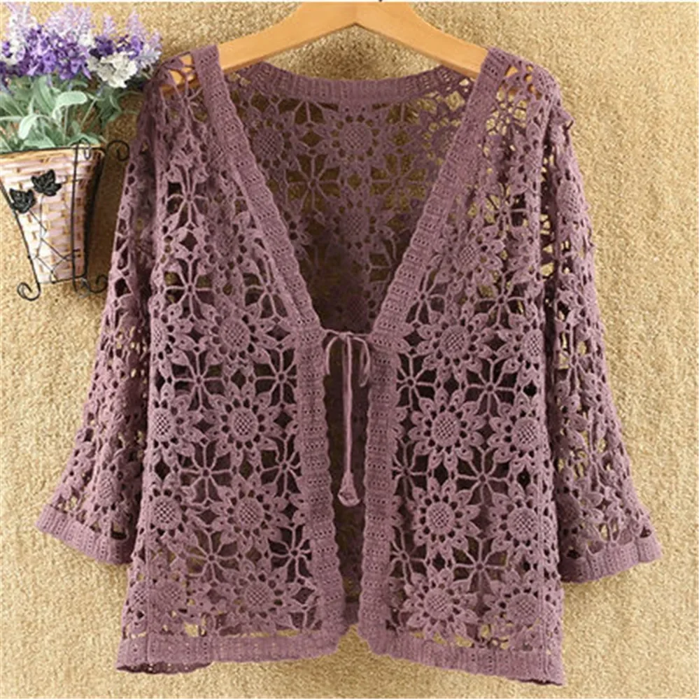 Hollow Lace Sunscreen Cardigan Sweater Women Wide Loose Air Conditioning Knitted Sweater Thin Section Female Spring Autumn V944