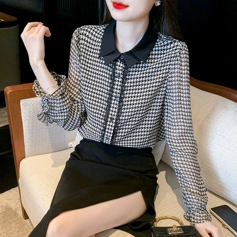 Temperament Printing Tops Ladies Korean Pullovers Spring Autumn Office Lady Long Sleeve Blouses Vintage 2024 New Women Clothing