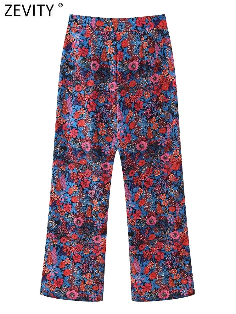 ZEVITY Women Vintage Floral Print Front Pleats Casual Straight Pants Female Zipper Fly Long Length Pockets Trousers Mujer P264