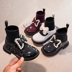 New Girls Leather Boots Pearl Bow Princess Shoes Kids Flying Knit Boots Soft Sole Chic Sweet Sock Leisure Shoes Cute Bow-knot