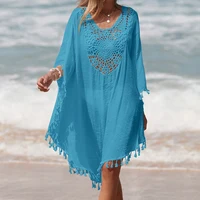 Vestido corto informal holgado con protección solar para mujer, traje de baño hecho a mano con empalme de ganchillo y borlas para vacaciones de verano y playa
