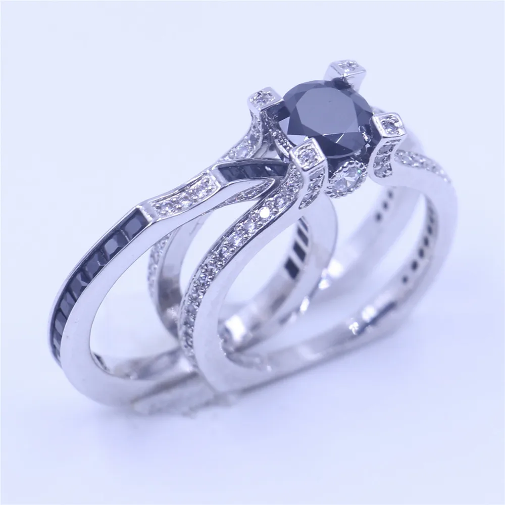 Classic Couple Lab Black Diamond Ring Set 925 Sterling Silver Wedding Band Rings for Women Engagement Promise Party Jewelry 2