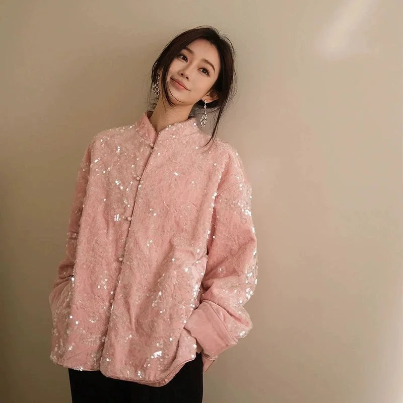 

Women's Jacket Outerwears Women's Jacket New Chinese Style Buckle Pink Coat Women's new Small Stand Collar Cardigan top Jacket