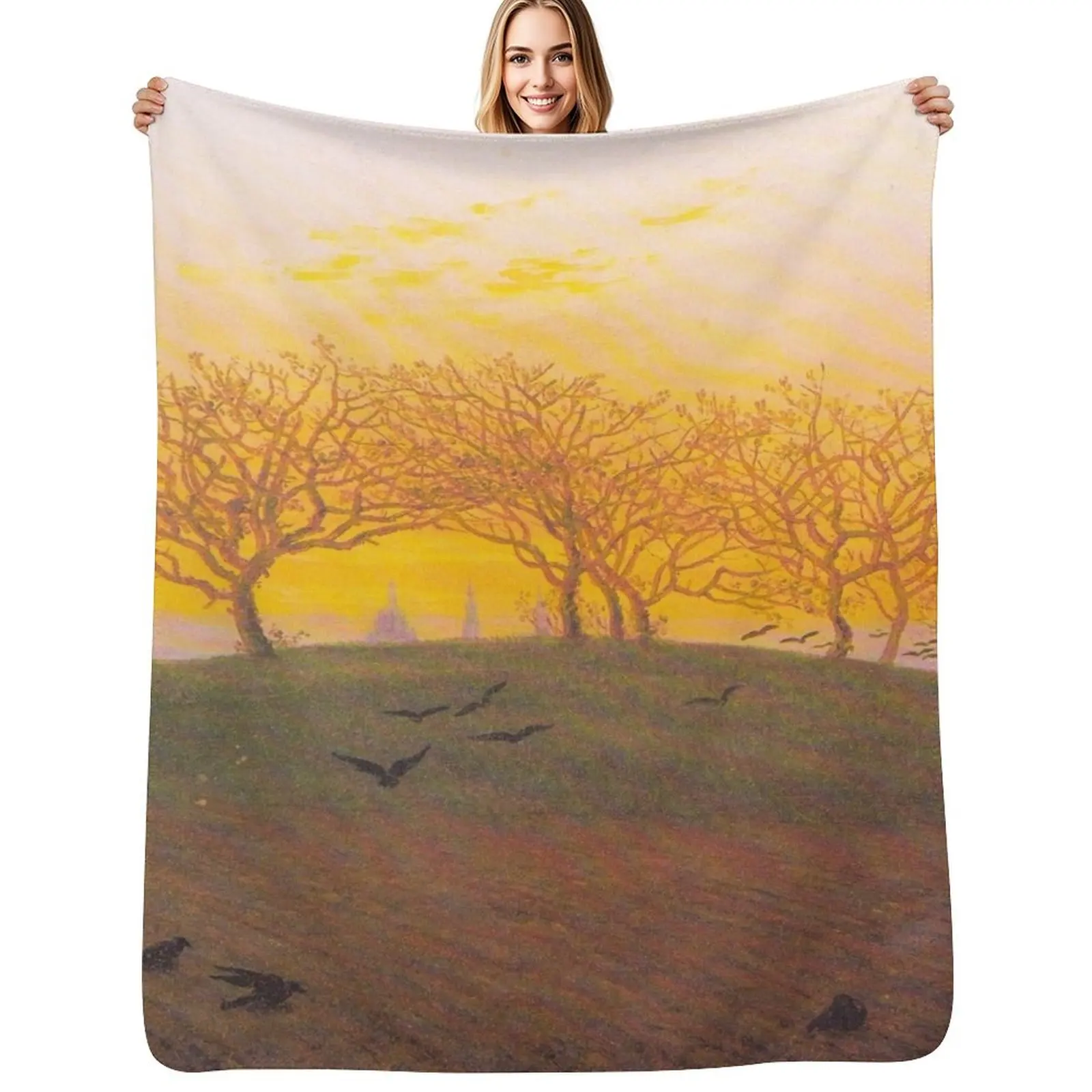 HD CASPAR DAVID FRIEDRICH - Sunset Hill Throw Blanket Beautifuls Shaggy Comforter Flannels Decoratives Multi-Purpose Blankets