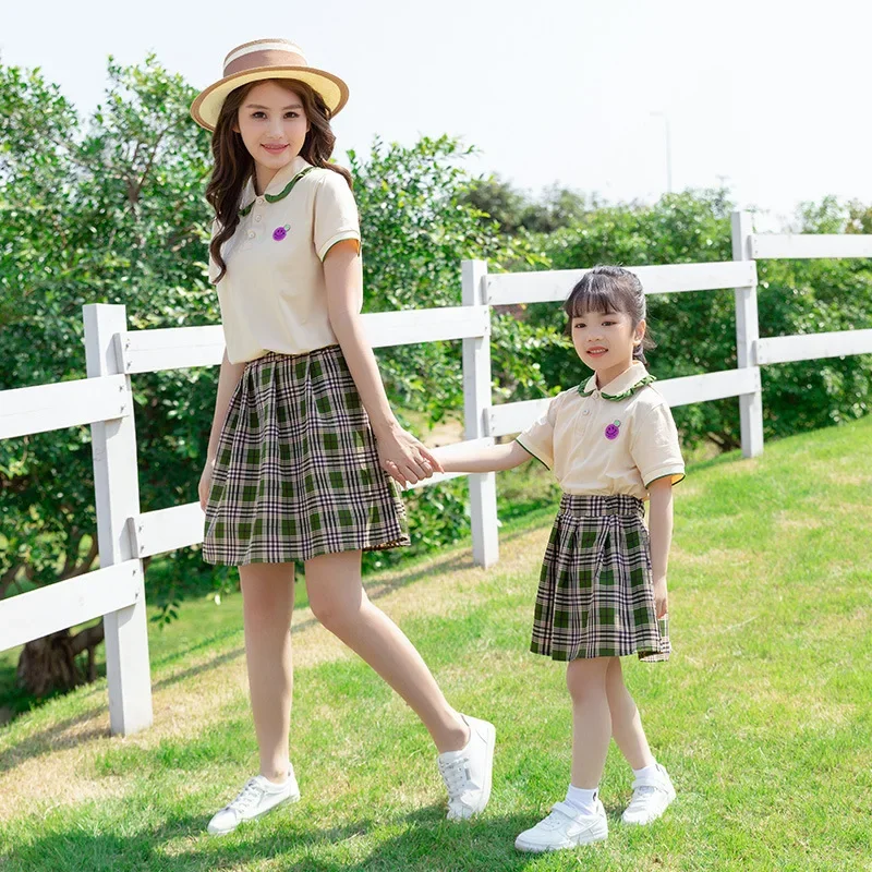 Mom Daughter Matching Plaid Pleated Skirt and Top Two Piece Outfit Dad and Son Same Clothes Set Parent-child Clothing for Family