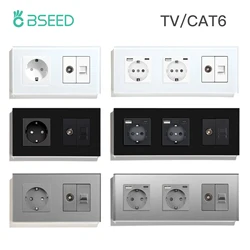 BSEED Double Wall Power Socket Plus TV/CAT6 Internet Data LAN Plugs Triple 2.1A Type-c USB Sockets Glass Panel EU Standard