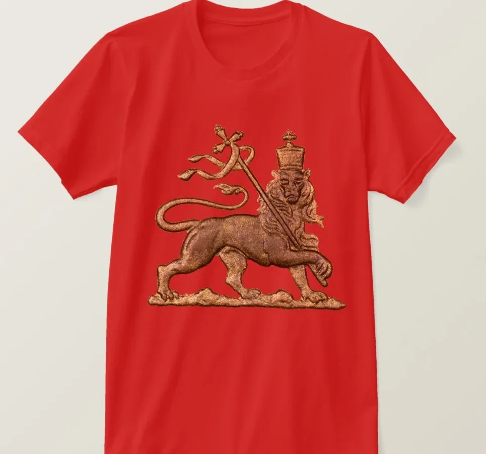 Haile Selassie. Men\'s Lion of Judah Printed T-shirt. Short-sleeved 100% Cotton Casual Loose-fitting Top High Quality