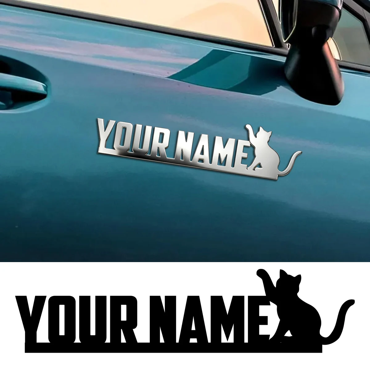 

Cartoon Cat Custom Waterproof Font 3D Metal Car Body Sticker Auto Rear Emblem Badge Custom Name Holder Logo Wedding Jewelry Gift