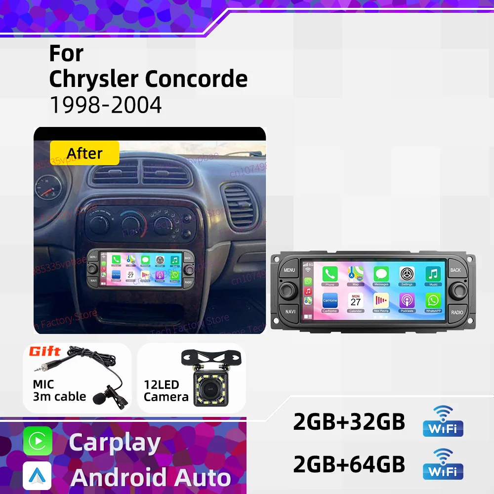 Radio Multimedia para Automóvil con Sistema Android 13 para Chrysler Concorde 1998-2004, Pantalla de 6.86 Pulgadas, Carplay Inalámbrico, Autoradio 1 Din, GPS