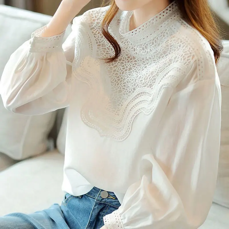 Female Clothing Stand Collar Blouse Commute Solid Color Spring Autumn Long Sleeve Stylish Korean Lace Hollow Out Spliced Shirt