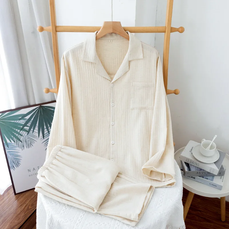 Men's 100% Cotton Gauze Pajama Set | Soft Breathable Muslin Sleepwear | Autumn Long Sleeve Button Down Loungewear Homewear PJs