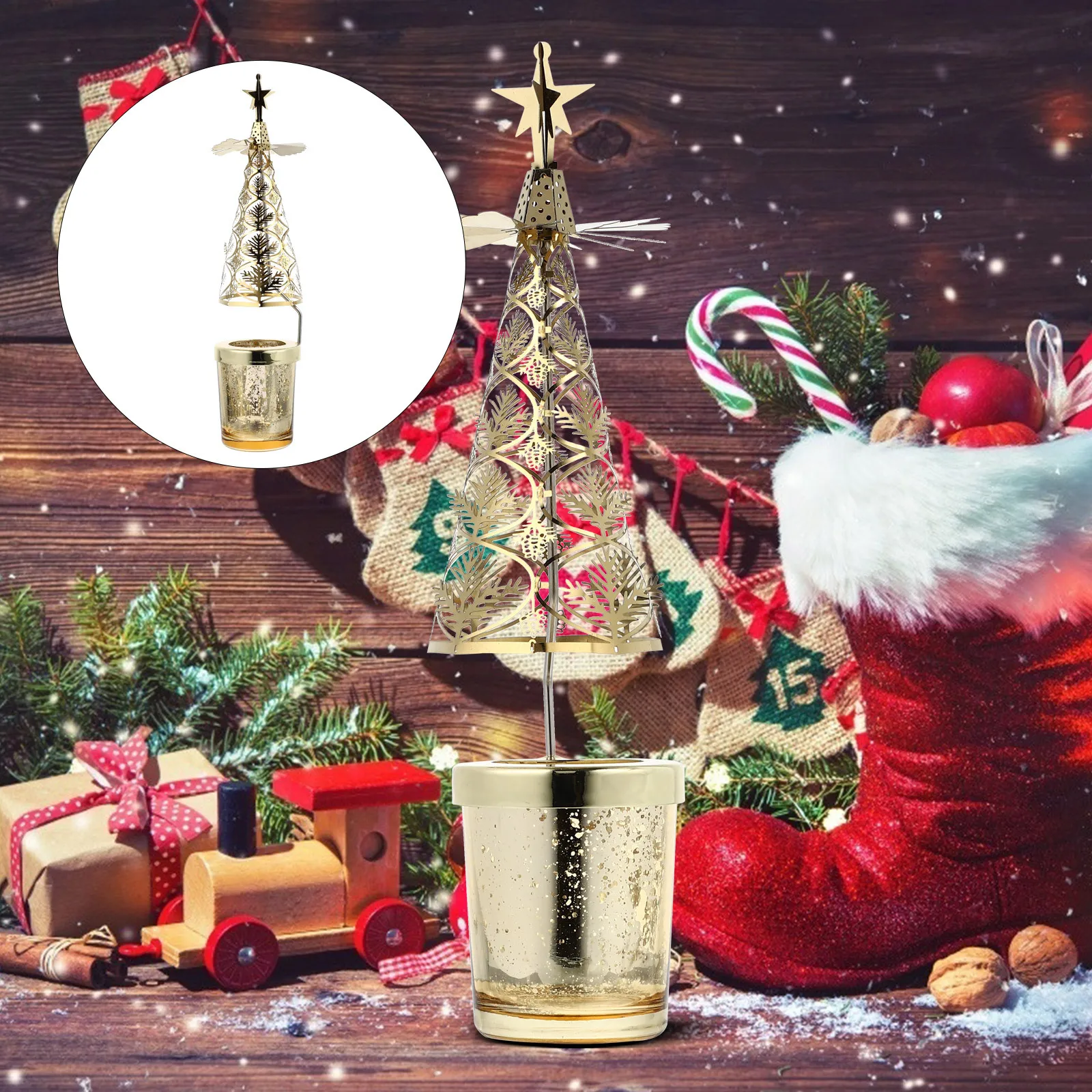 

1Pcs Christmas Tree Holder Xmas Tree Shape Metal Candlestick Rotatable Design for Party Decor Centerpiece Holiday Table