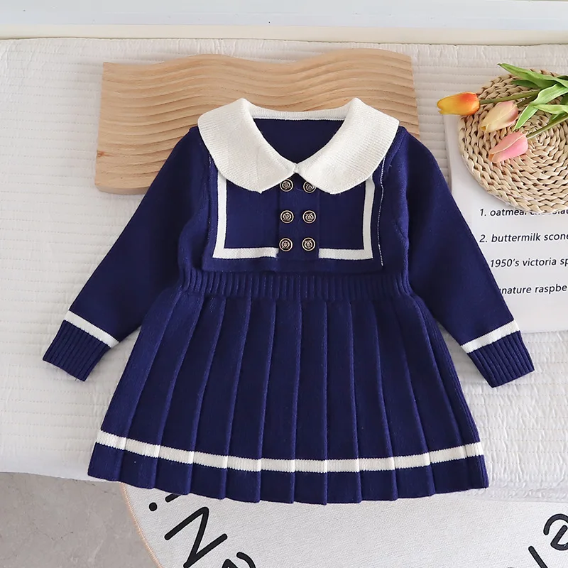 Girls\' Fashion Navy Collar Sweater Dress Autumn Baby Girls\' Knitwear Korean Style Long Sleeve Pleated Dress Kids Cotton Clothing