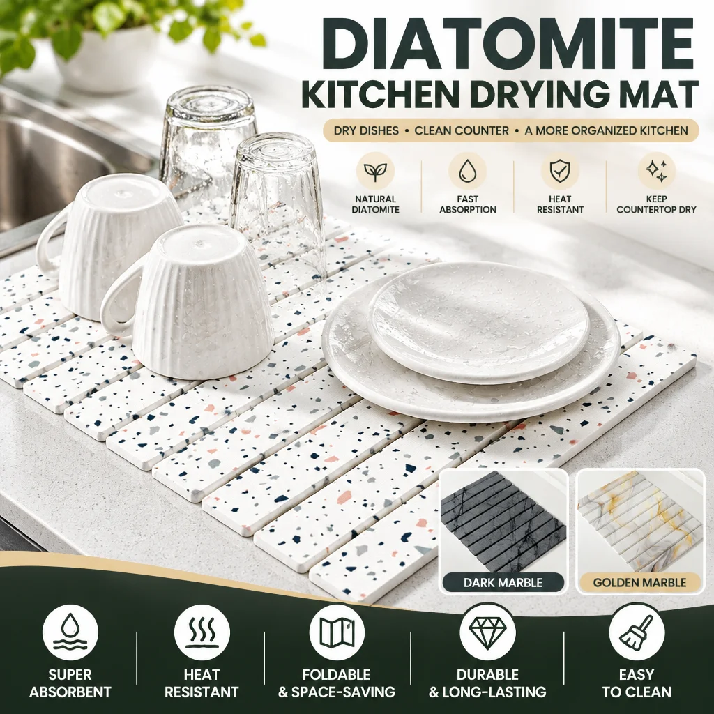 Large Fast-Absorbent Collapsible Diatomaceous Earth Stone Dish Drying Mat, Quick-Drying for Kitchen Counter