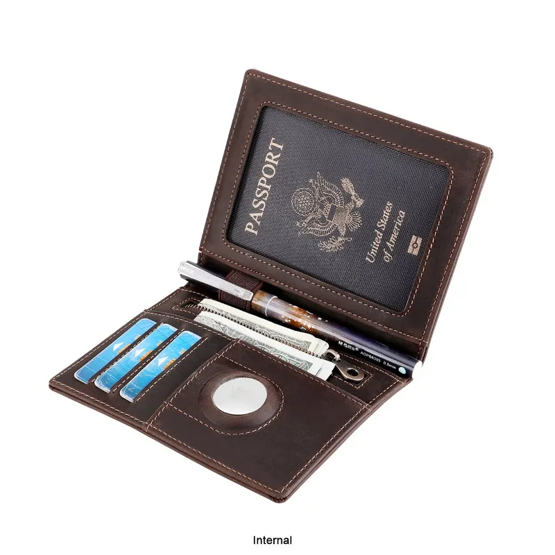 2025 Vintage RFID Men's Passport Wallets Cow Leather Organizer Wallet High Quality Travel Long ID Card Holders with Airtag Slot