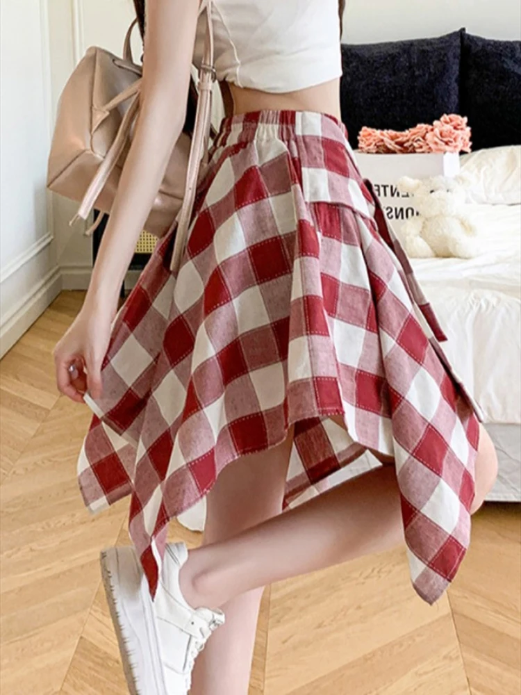 Harajuku Vintage Summer Elastic Waist Checkered Irregular Skirt 2024 New Lace Up Bow Girl Hip Hop Female Punk Gothic Mini Skirts