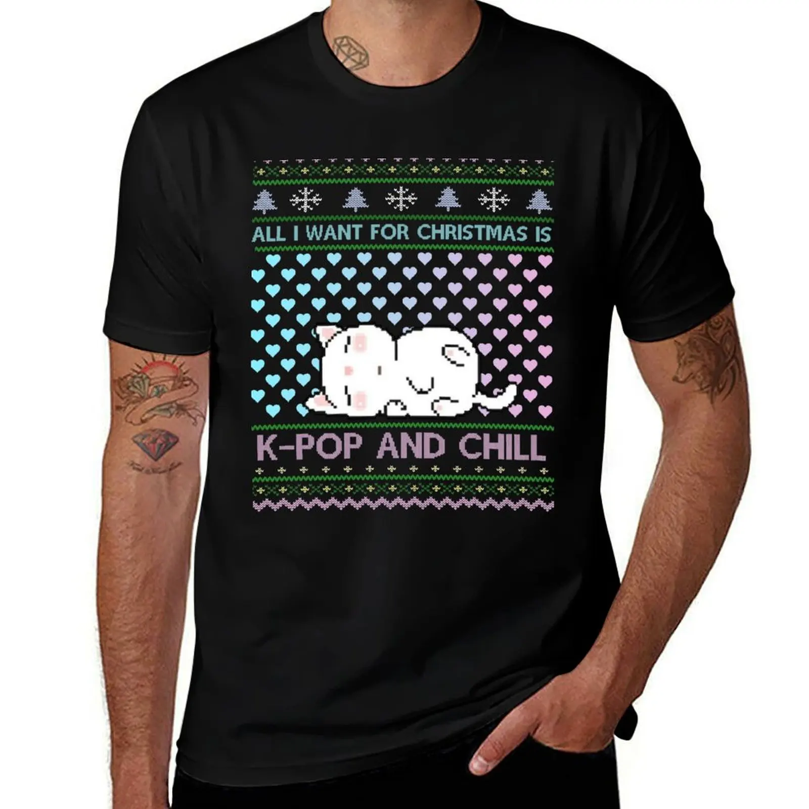 KPOP AND CHILL - SARANGHAE I LOVE YOU K-POP K-DRAMA Ugly Christmas Sweater with Cute KAWAII Cat Cats and Heart Hearts Pa T-Shirt