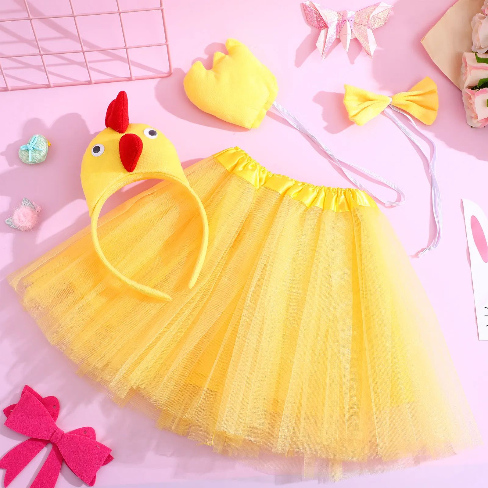 1Set Farm Animal Costume for Kids Rooster Themed Outfit Headband Bow Tie Tail Tutu Skirt Chicken Dress Up Birthday Halloween