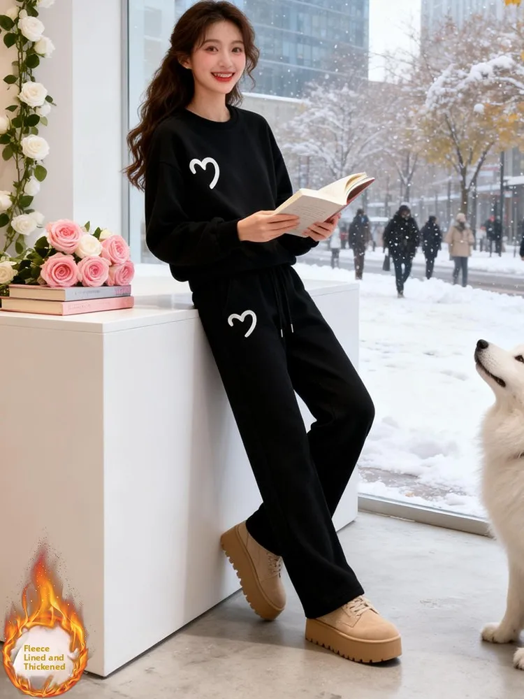 Pantaloni a gamba larga a vita alta da donna Set di felpe Fce foderato Thi Abbigliamento sportivo casual Abito a due pezzi Calore confortevole