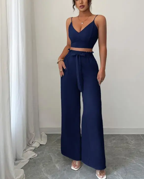 

Women's Set Summer Tailored New Fashionable V-Neck Sleeveless Suspender and High Waisted Wide Leg Pants Set Suitable for Dating
