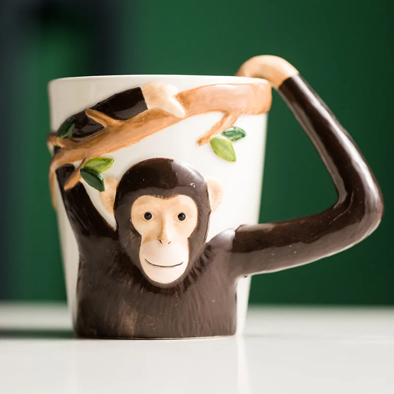 

310ML Embossed Monkey Mug Ceramic Novelty 3D Animal Coffee Cup Tea Cup With Handle Microwave Safe