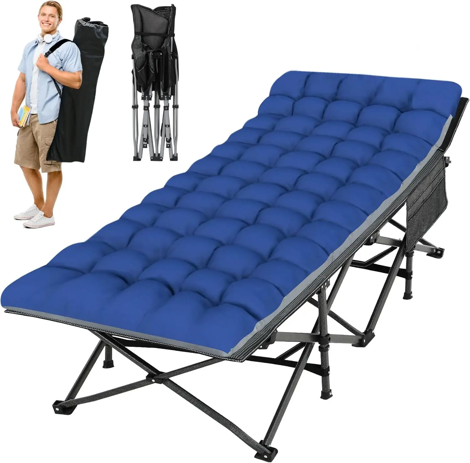 Folding Camping Cot 32inch w/Mattress, Heavy Duty Portable Sleeping Cot with Carry Bag, Double Layer Oxford Travel Camp Cots for